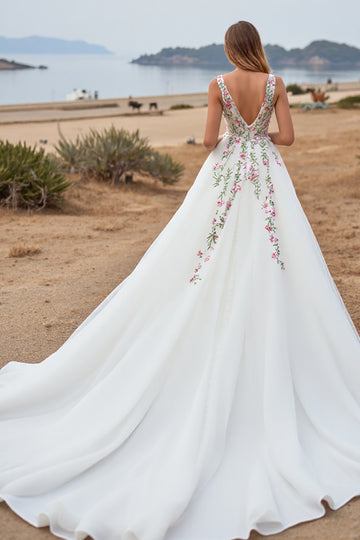 Embroidered White A Line Floral V Neck Wedding Dress